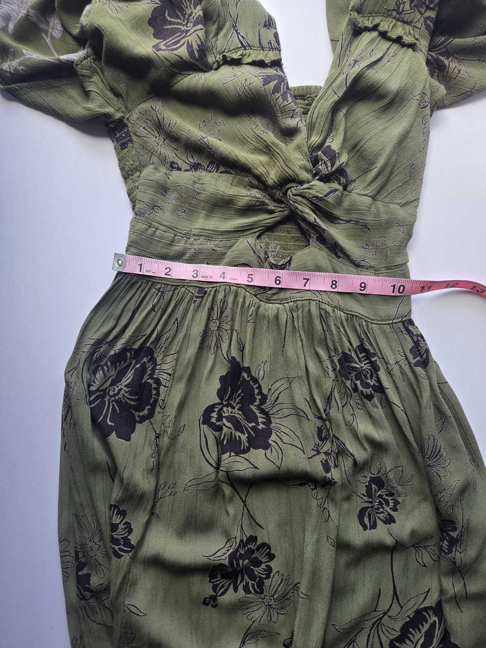 Angie Olive Green Dress with Black Floral Accents And Keyhole Small - Picture 5 of 5